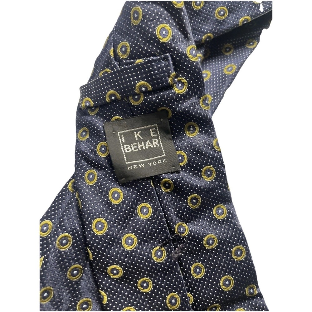 IKE BEHAR New York Silk Tie Mens Navy Blue Yellow‎ Polka Dot Pattern